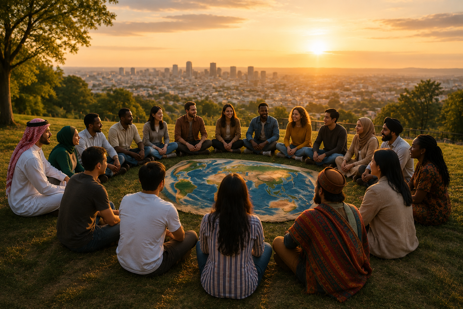 A diverse community sitting in a circle around a world map, discussing shared responsibility and collaboration.