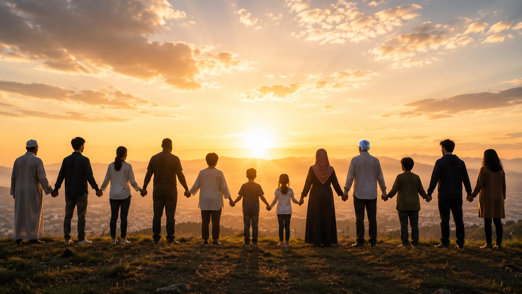 A diverse family and community standing hand in hand at sunrise, symbolizing unity and hope.