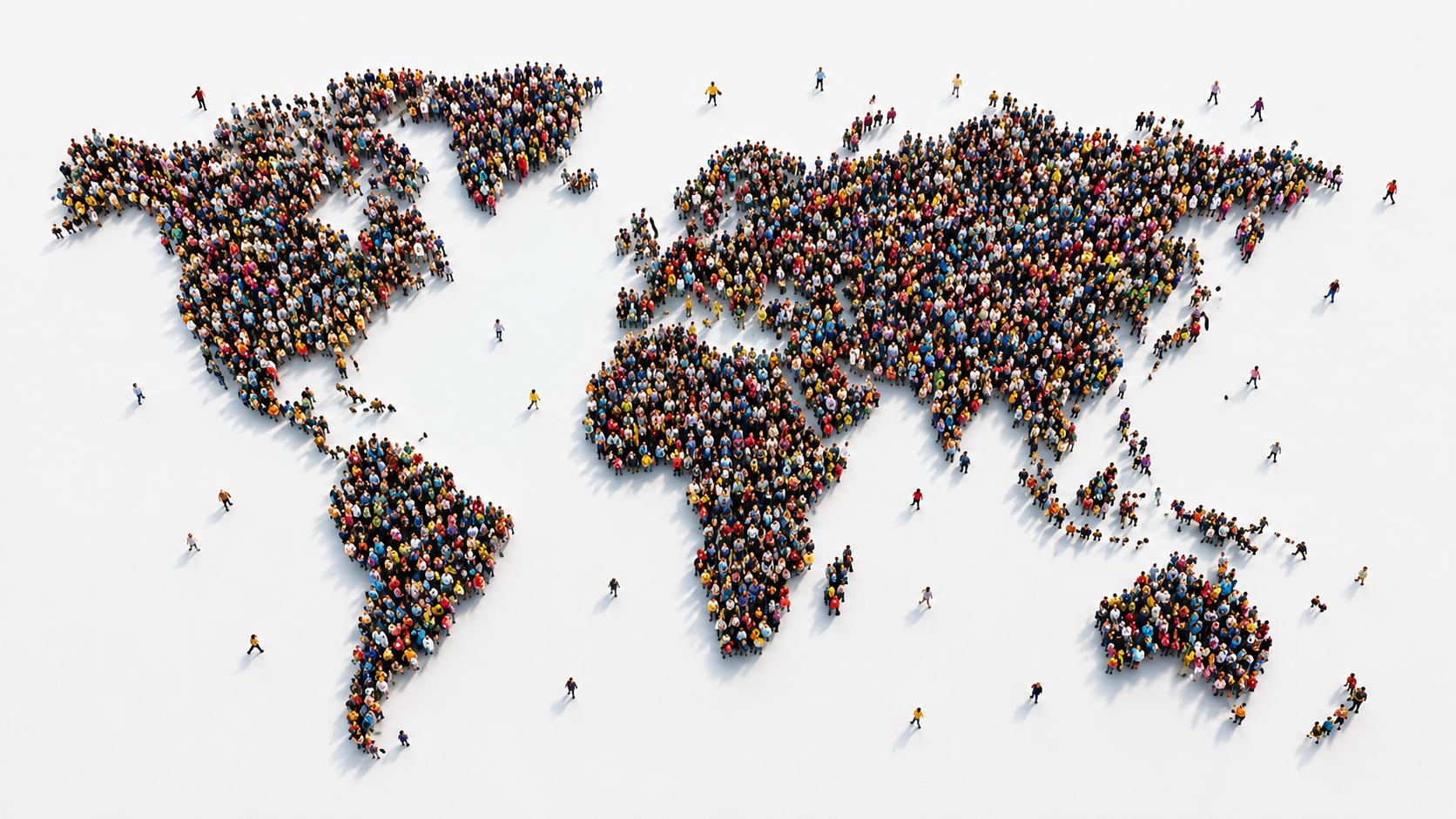 People arranged across a world map, representing global communities connected across continents.