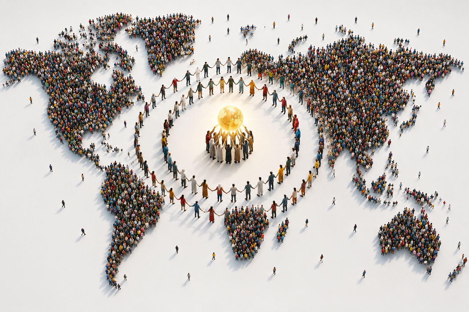 People across a world map forming a circle around a glowing center, symbolizing guided global unity.