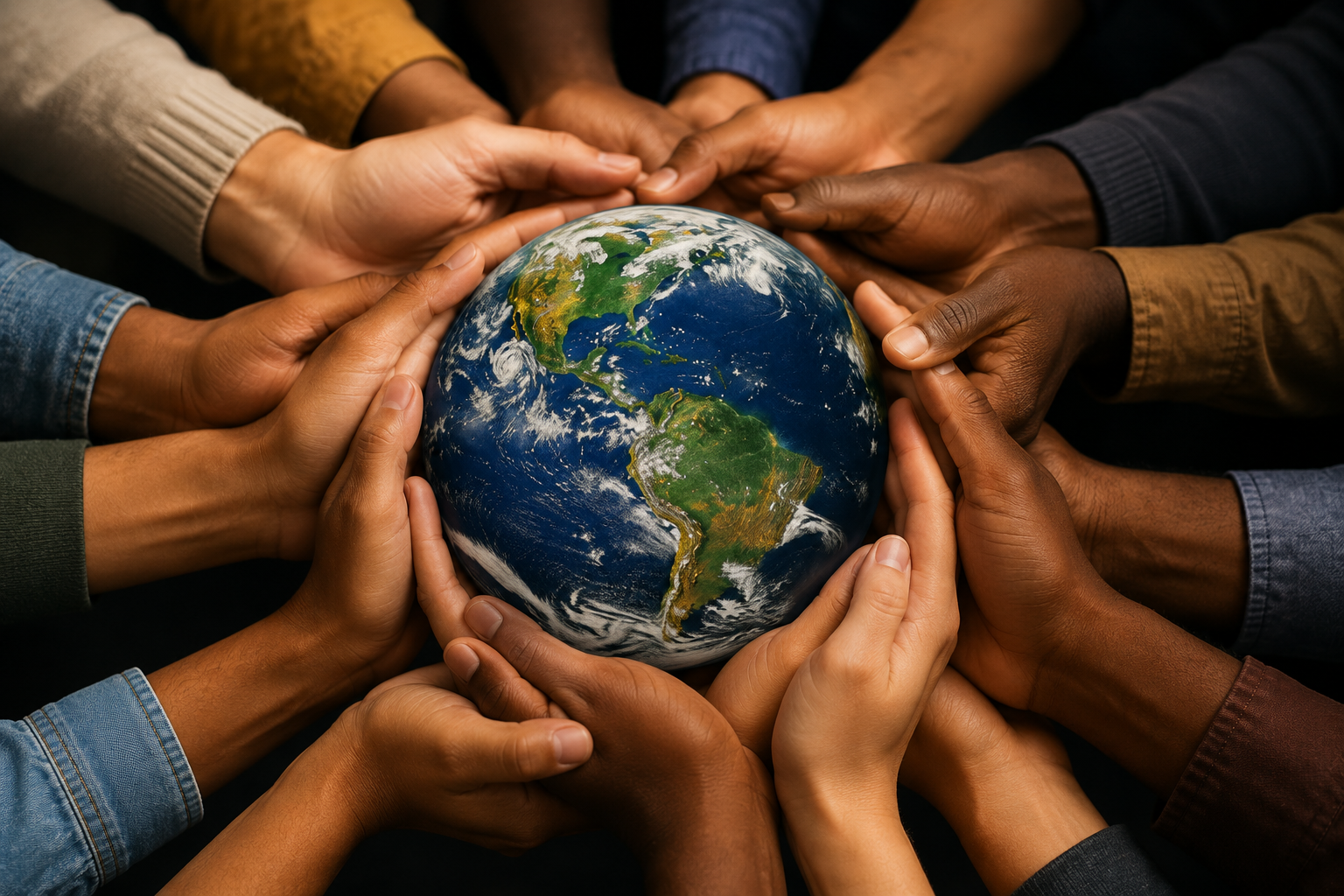 Many hands gently holding the Earth, symbolizing shared responsibility for humanity and the planet.