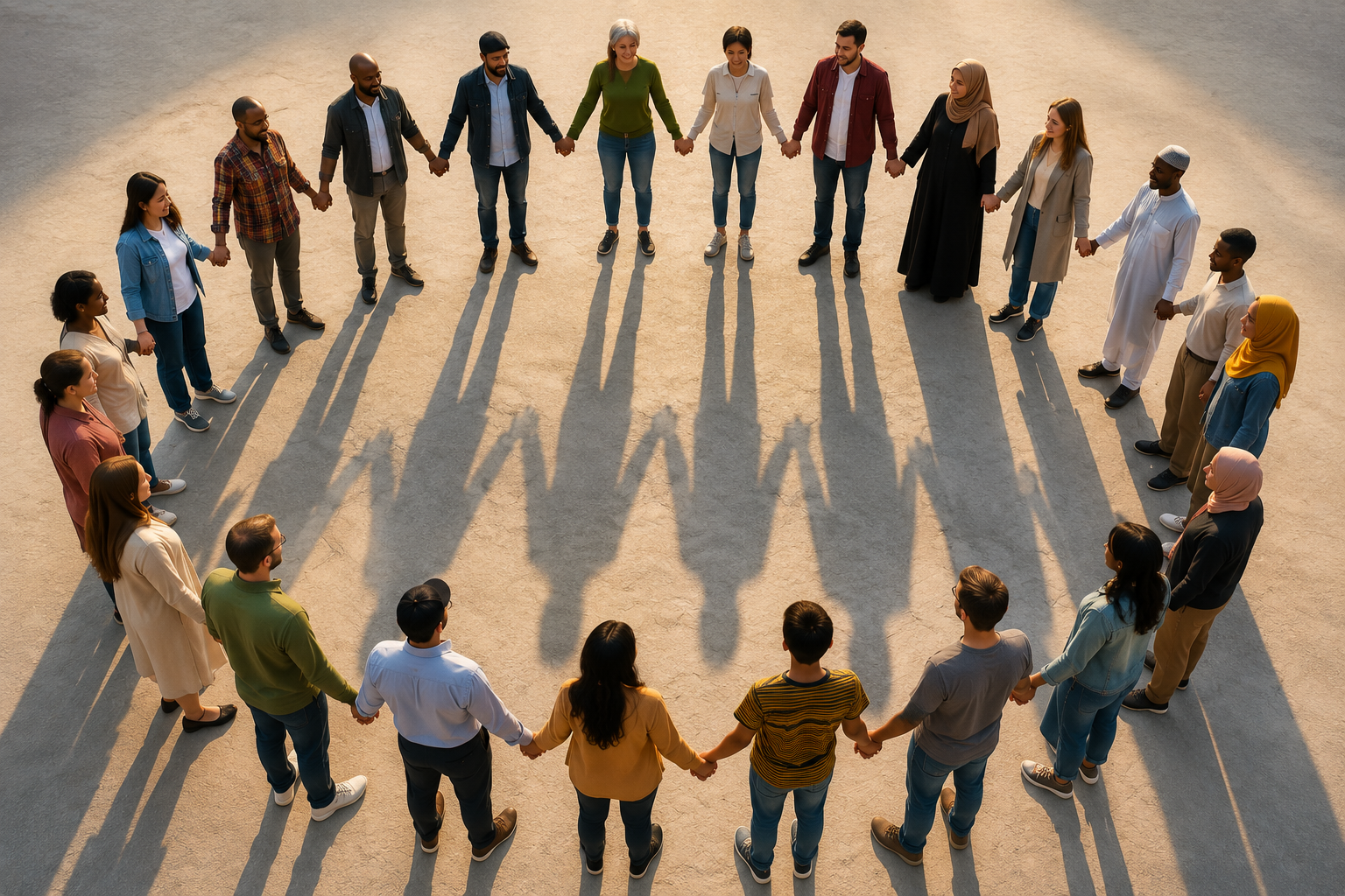 A diverse group of people holding hands in a circle, representing human unity and mutual trust.
